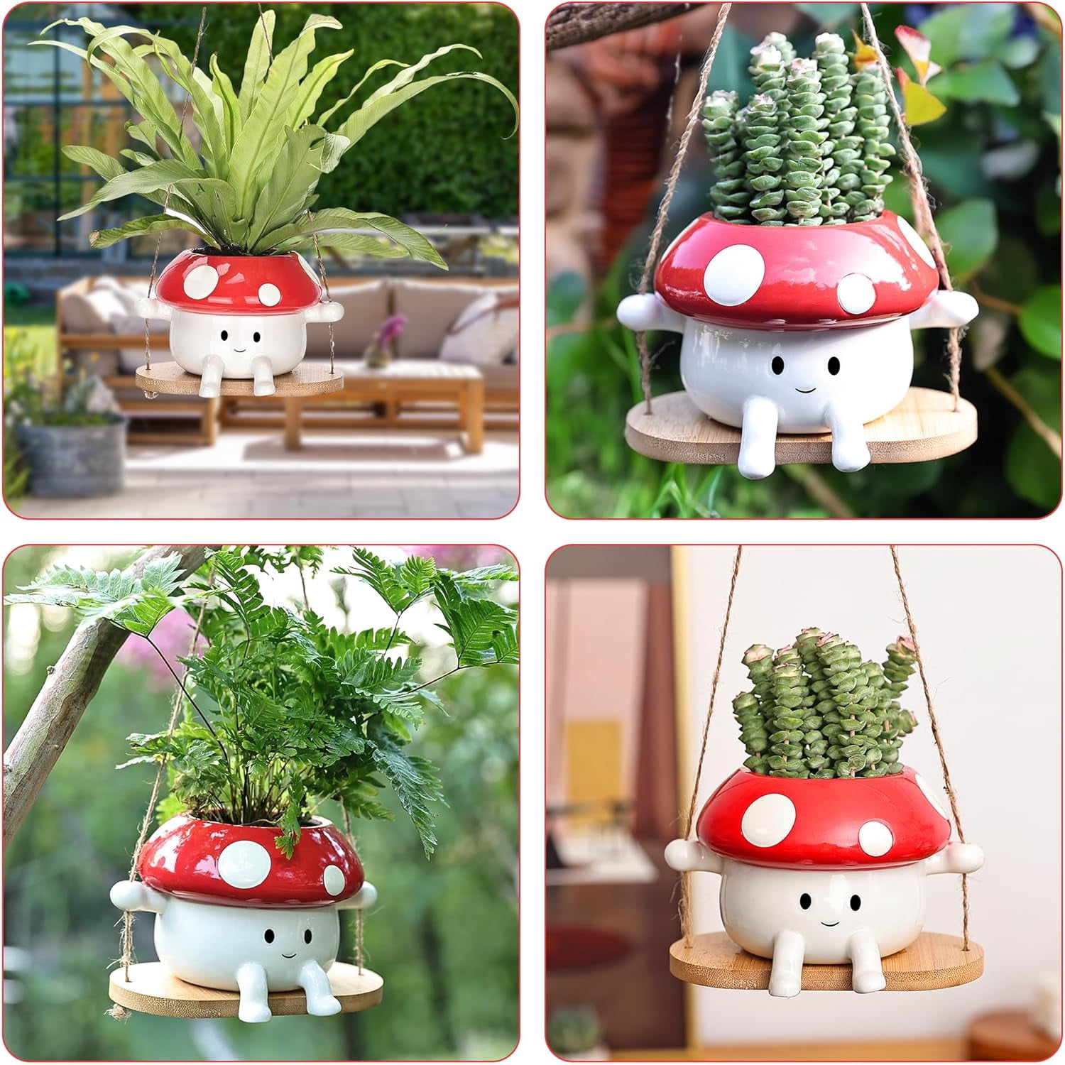Mushroom Hanging Planter Pot, Cute Ceramic Swing Face Planter for Indoor & Outdoor, Unique Mushroom Planters for Succulents, String of Pearls Plant, Small Red & White