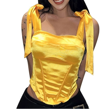 Blphud Top for Women Women Adjustable Shoulder Straps Bustier Corset Top Vest Tank Top Vintage Crop Tops with Fishbone Womens Top Summer Sleeveless Tank Tops for Women 2024 Yellow M