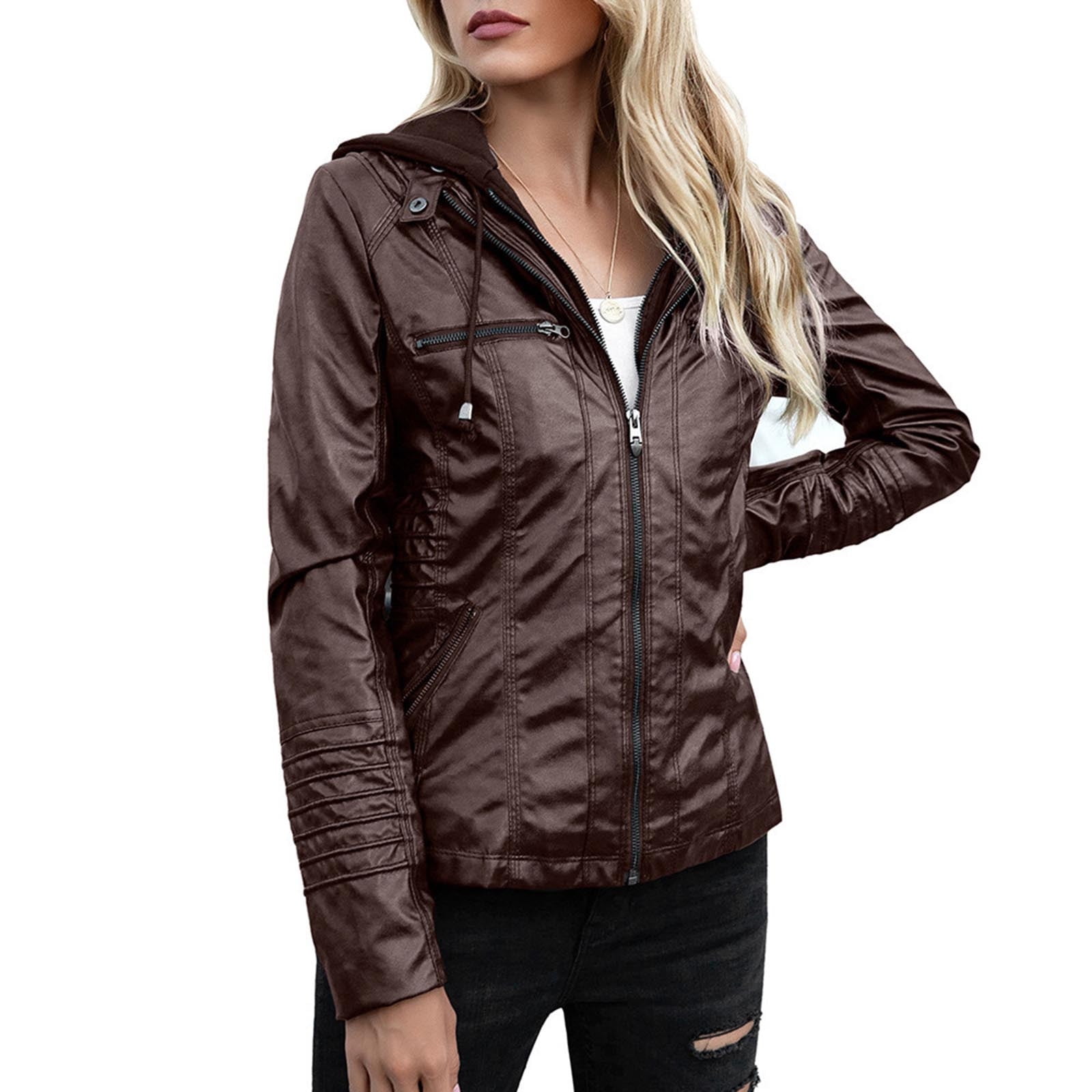 IROINNID Women's Faux Leather Jacket Hooded Long Sleeve Casual Biker Zip Up Jacket,Coffee