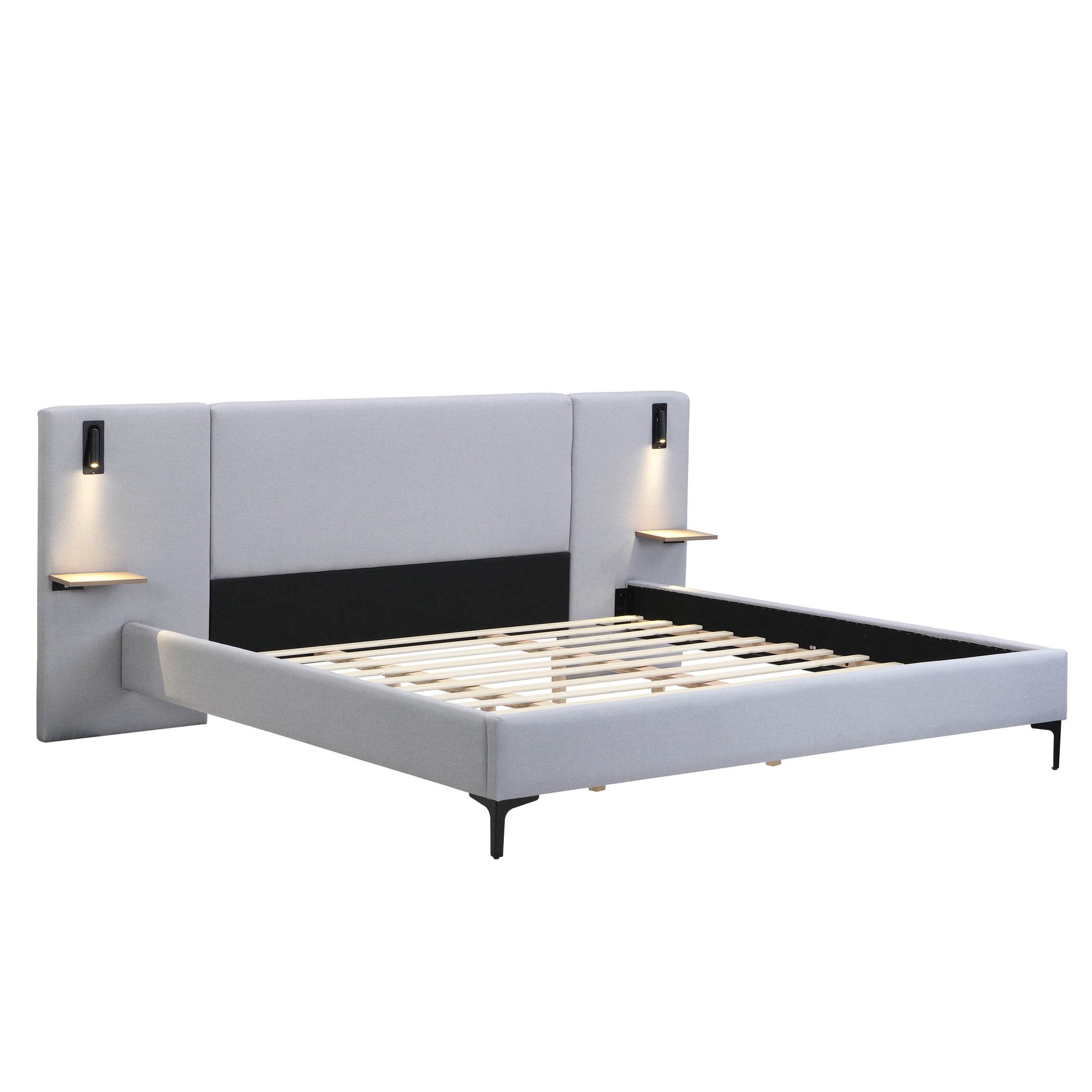 Christopher Knight Home Linen Upholstered King Platform Bed with Reading Lights and Headboard Shelves, Grey