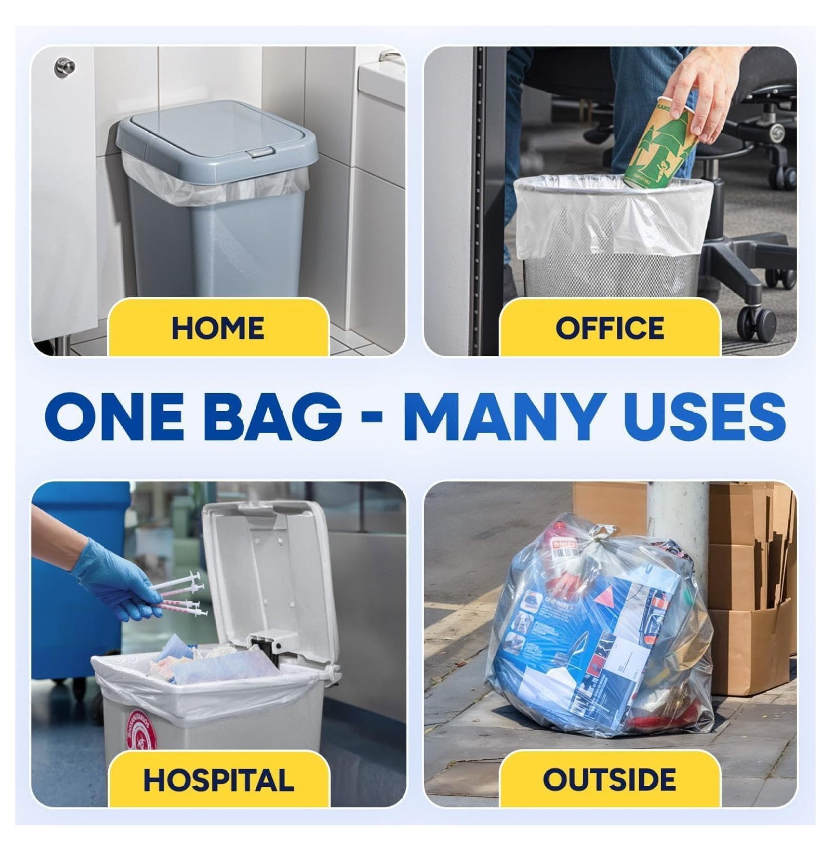 12-16 Gallon Clear Trash Bags, 24" x 31" High-Density Garbage Can Liners, 6 Micron, Unscented, Bulk Pack of 1000, for Indoor/Outdoor Use