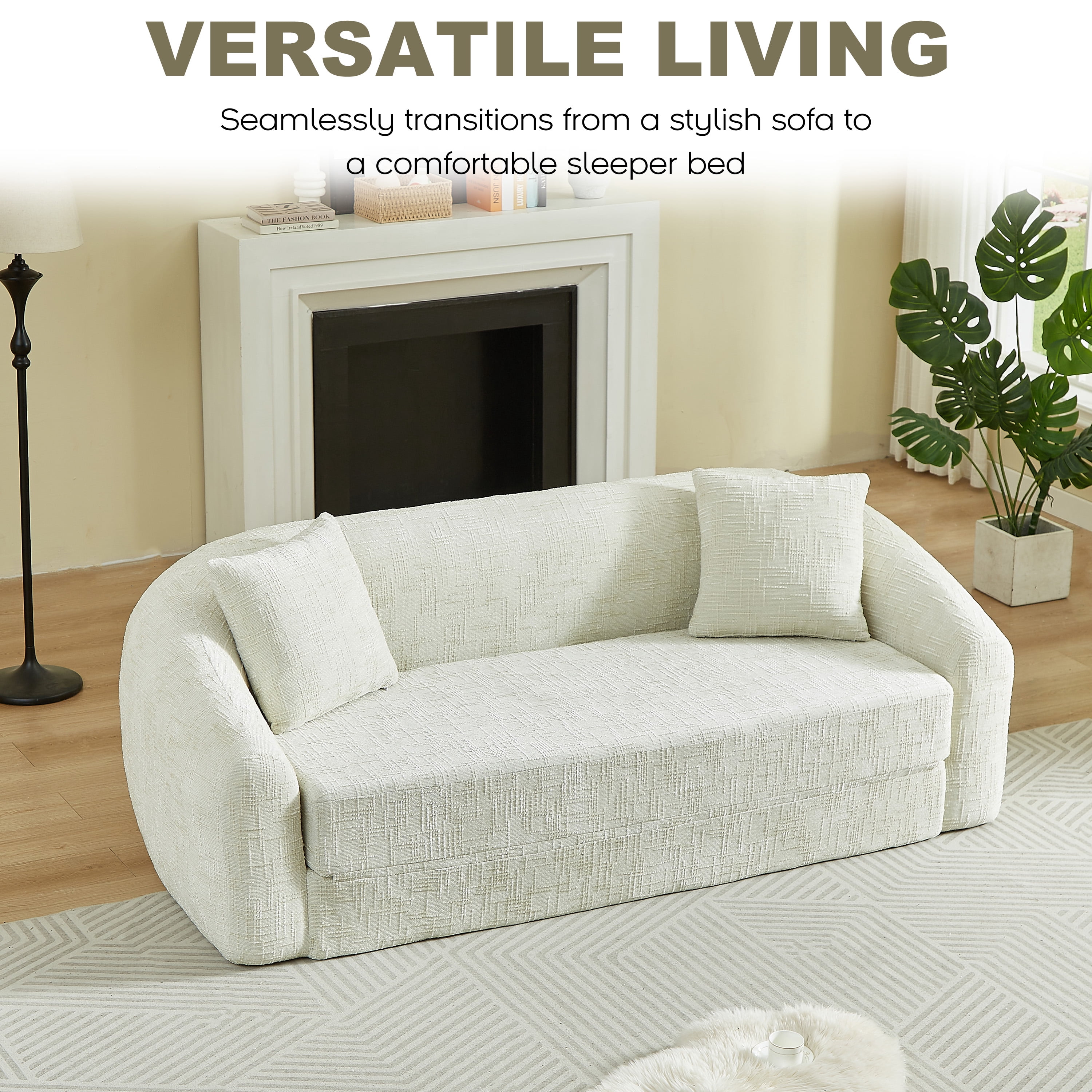 Leumius 87" Convertible Futon Sofa Bed, Corduroy Curved Boneless Couch with High Backrest, 2-in-1 Fold-Out Sleeper Sofa with Pull-out Couch Bed,Beige-Square Pillow