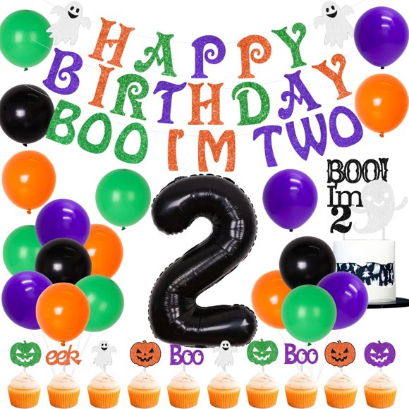 Halloween 2nd Birthday Decorations, Boo I’m Two Cake Topper & Banner - 24 Pack Halloween Orange Purple Green Black Balloons for Baby’s Second Birthday Party Supplies