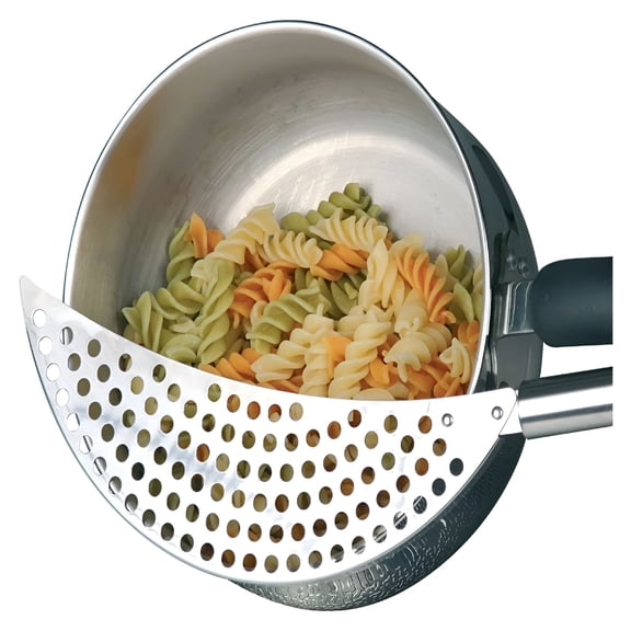 ACDANC 14.372.60.63Inch Crescent Pot Strainer Stainless Steel Grease Pasta Strainer Insert Drainer with Handheld for Different Pot Pan Kitchen Tool -Silver