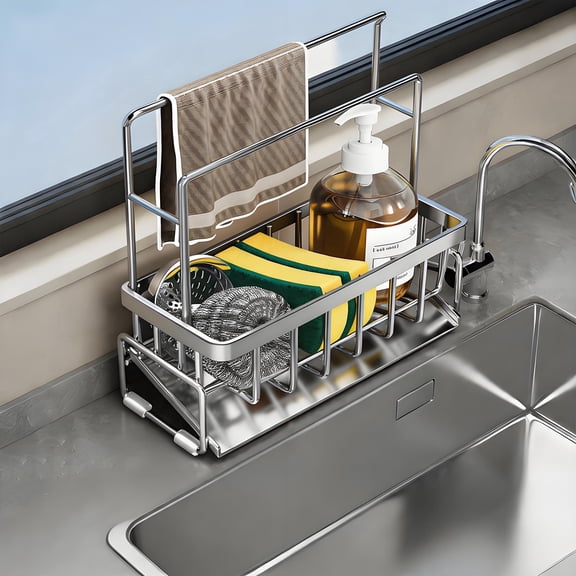 ASTOTSELL Sponge Holder for Kitchen Sink, Non-Slip Stainless Steel Sink Caddy with High Double Dishcloth Holders - Silver