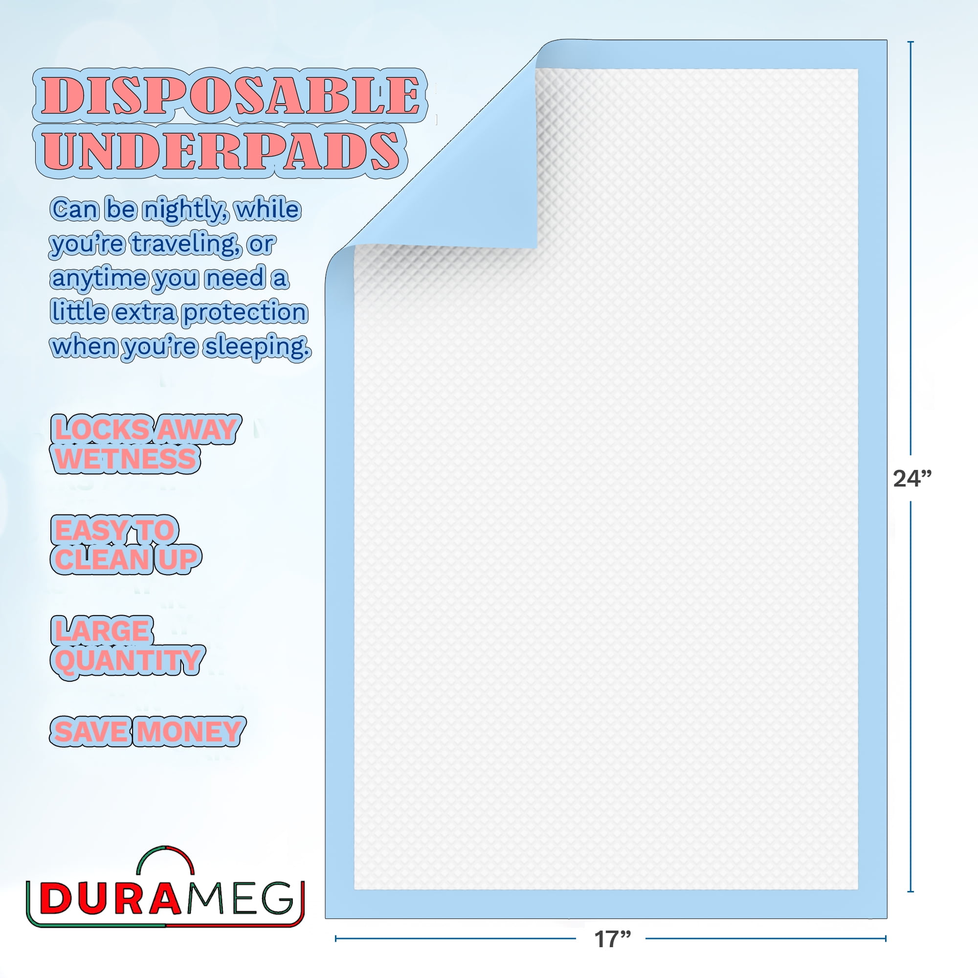 Disposable Underpads 17”x24” [300-Pads] Moderate Absorbency Chux Incontinence Bed Pads, Quilted Fluff, Large (Packed 3 x 100 Per Case)