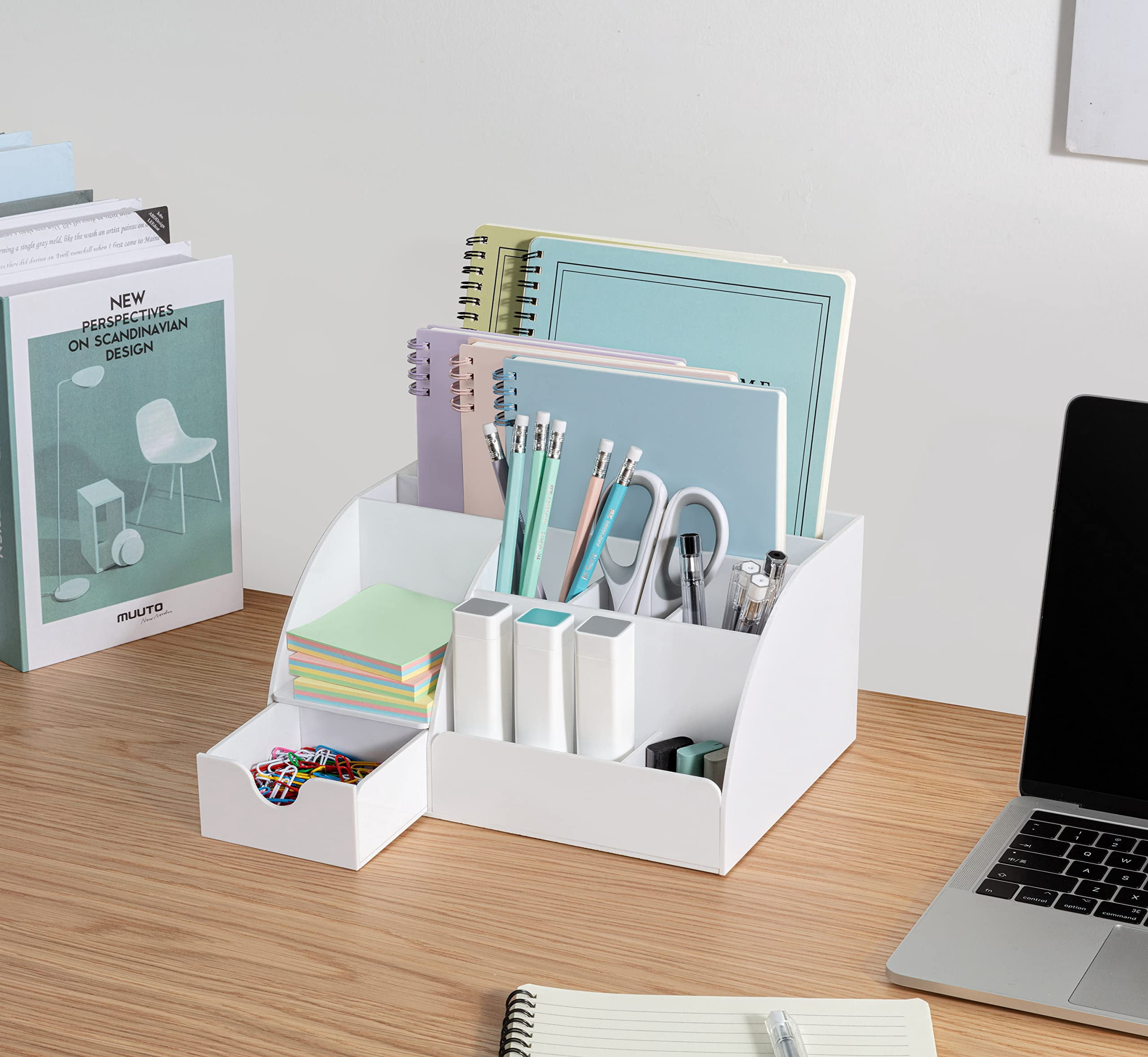 White Desktop Organizer - 9 Compartment Office Desk Accessories Pen Holder
