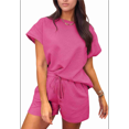thumbnail image 1 of Ensemble de Survêtement pour Femme 2 Pcs, Couleur Unie, Col Rond, Tissu Texturé Décontracté, Manches Courtes, Pyjama, Rose Rouge, TTG, 1 of 7