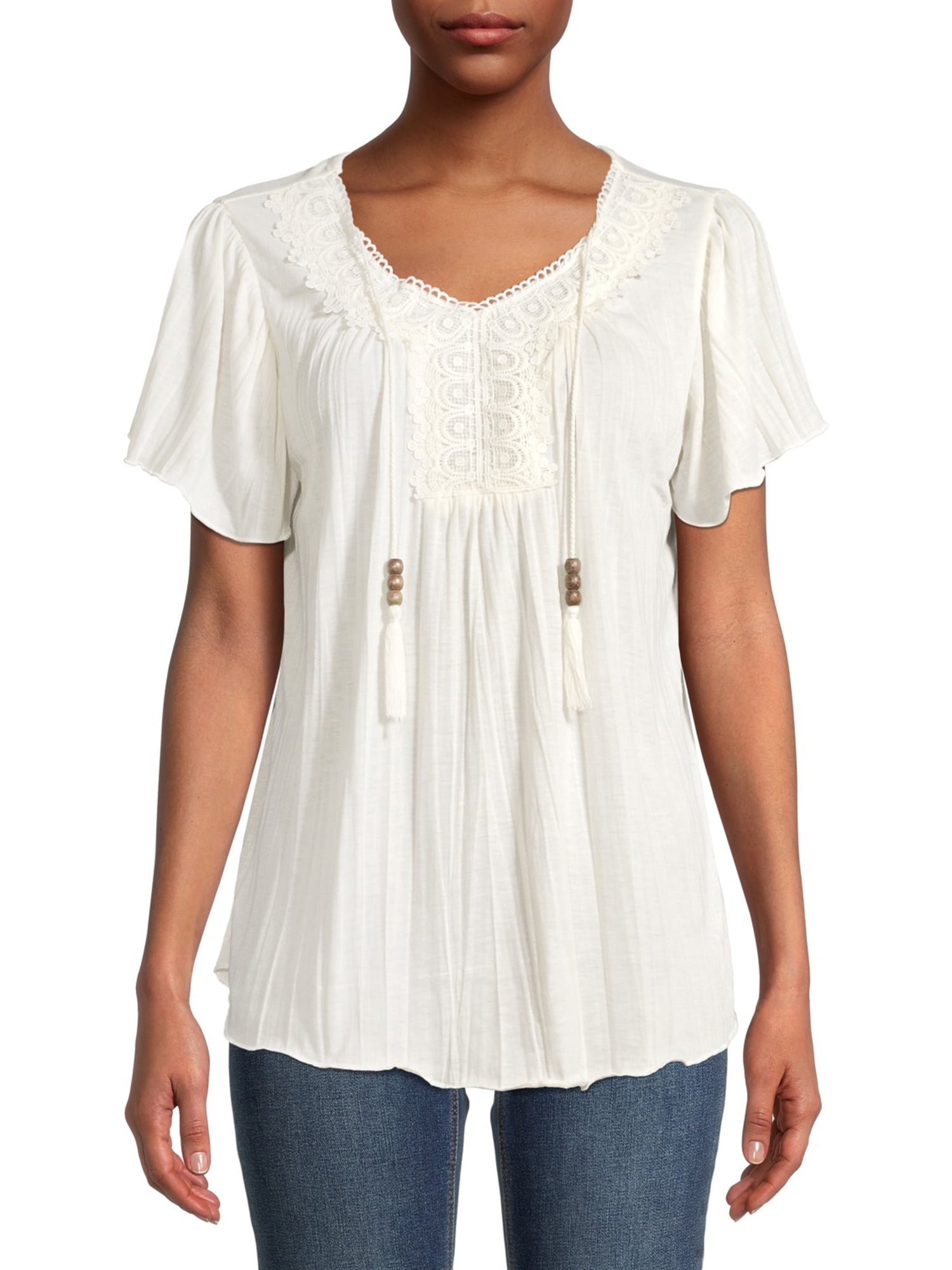 French Laundry New York Laundry Women's Plus Size Flutter Sleeve Applique Twisted Jersey Top