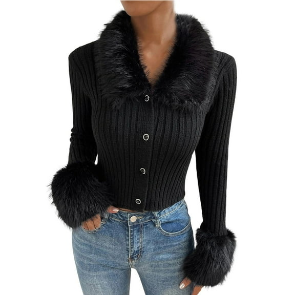 Htigea Women's Button Down Sweater Collared Long Sleeve Ribbed Knit Sweater Slim Fit Crop Tops Black S