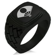 Stainless Steel Satake Samurai Crest Geometric Pattern Step-Down Biker Style Polished Ring