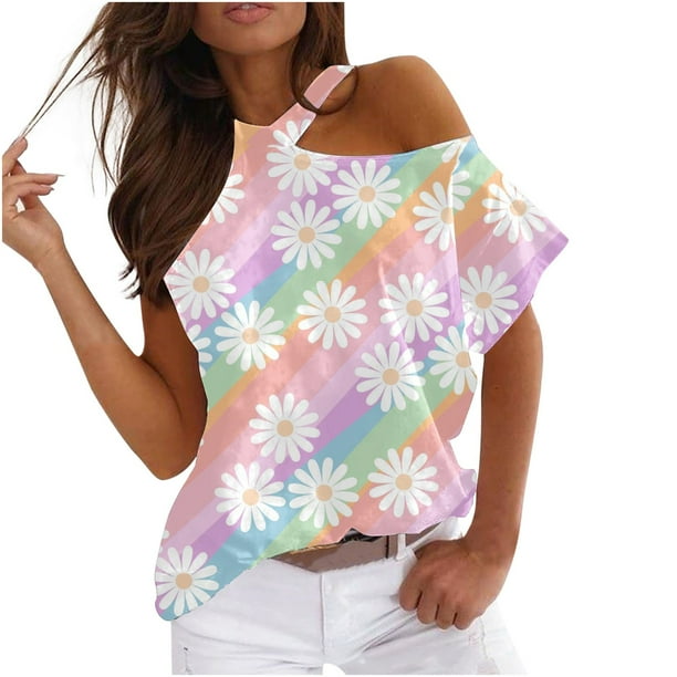 Mujeres Verano Cuello Redondo Manga Corta Estampado Sin Tirantes Camiseta Tops Blusas Pompotops hfajkhk129233