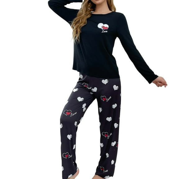 SJLDQY Valentines Women's Pajamas Set 2 Peice Pjs Set for Women Valentine's Day Love Heart Graphic Long Sleeve Pajama Tops Pants Soft Comfy Homewear Sleepwear Outfits
