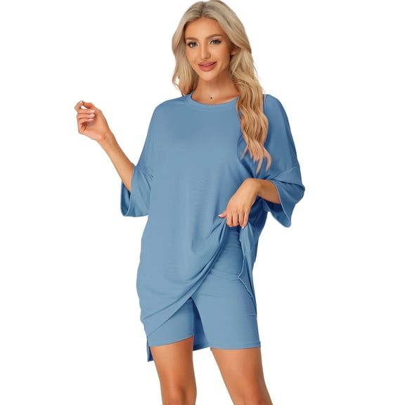 DARING DIVA Women's Plus Oversized Lounge Set T-Shirt and Biker Shorts Gray Blue S