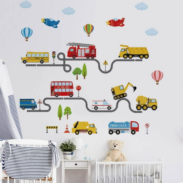Adhesivos de pared con dibujos animados de vehículos de tráfico de PVC, 100 x 100 cm