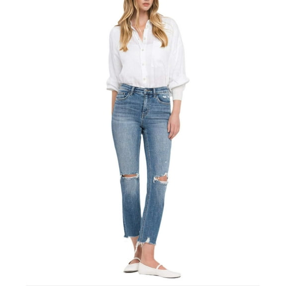 Flying Monkey - High Rise Slim Straight Jeans with Distressed Hem (27" Ankle Length) - F5022