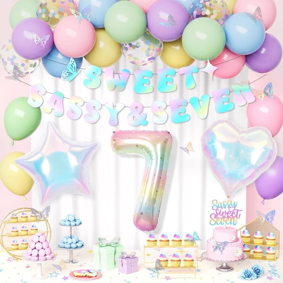 AYUQI Pastel 7th Birthday Decorations Girl, Macaron Pastel Balloons, Sweet Sassy & Seven Banner Party Decoration Set, Number 7 Balloon, Heart Foil Balloon