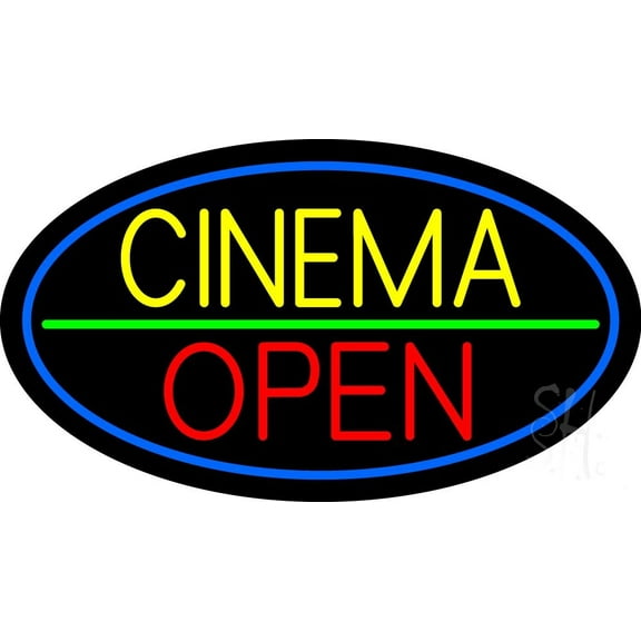 Yellow Cinema Open LED Neon Sign 20" Tall x 37" Wide - inches Black Square Cut Acrylic Backing, with Dimmer - Premium built indoor Sign for Cinema.