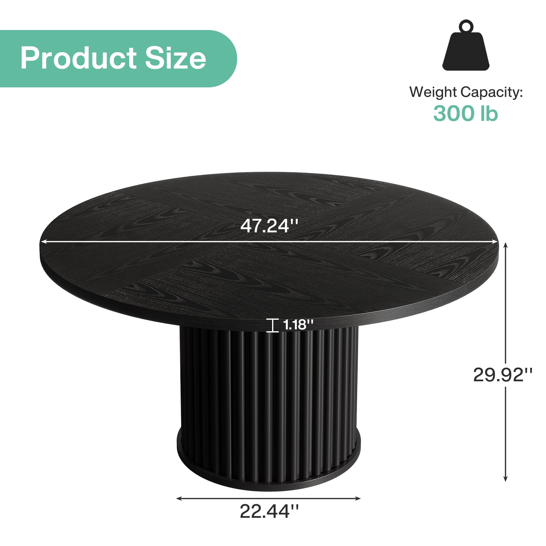 Tribesigns Black Round Dining Table for 4-6 People, 47.24-Inch Circle Wood Kitchen Table with Sturdy Fluted Metal Base, Modern Dining Room Furniture