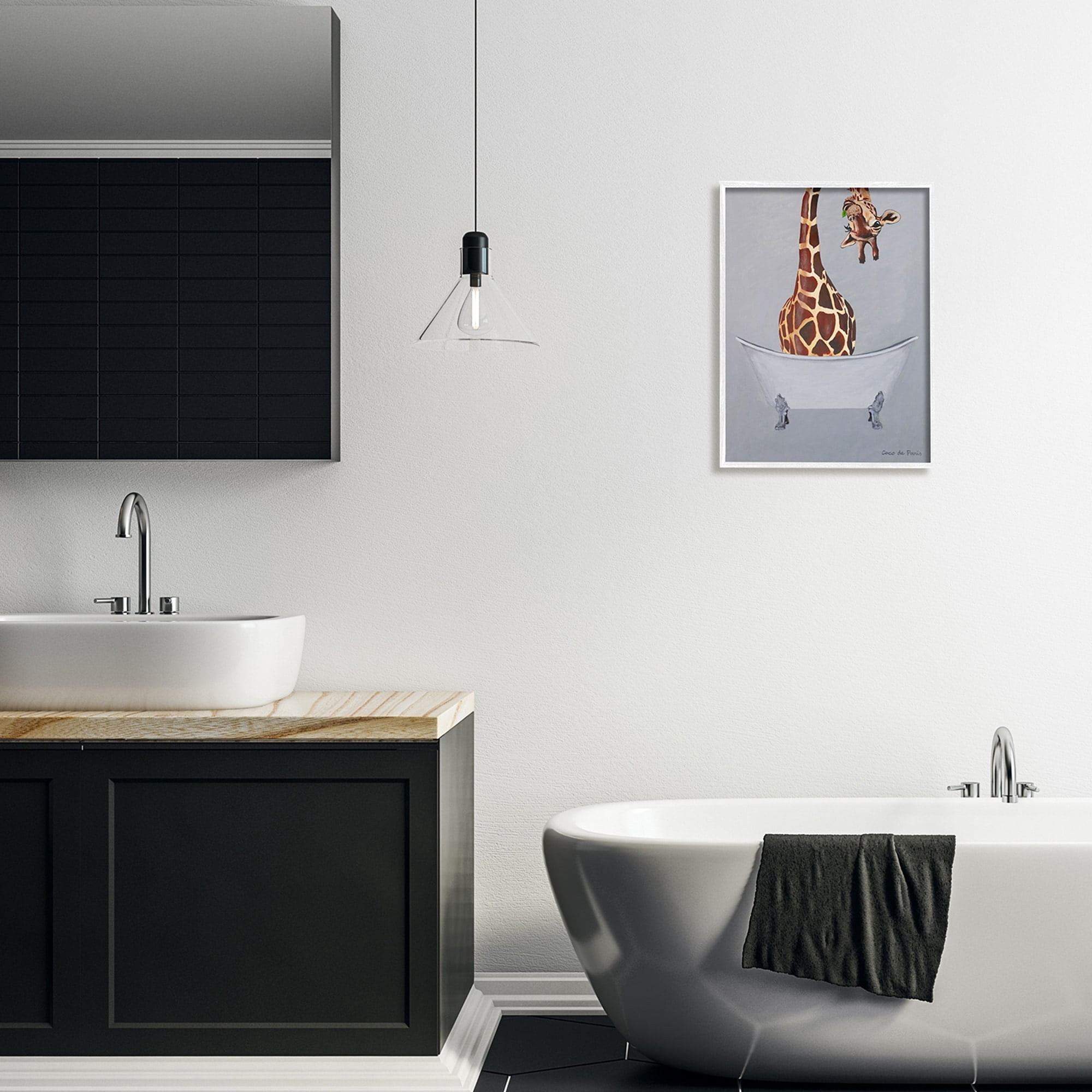 Stupell Industries Funny Giraffe Neck Bathtub Bathroom Theme Painting White Framed Art Print Wall Art, 16x20, by Coco de Paris