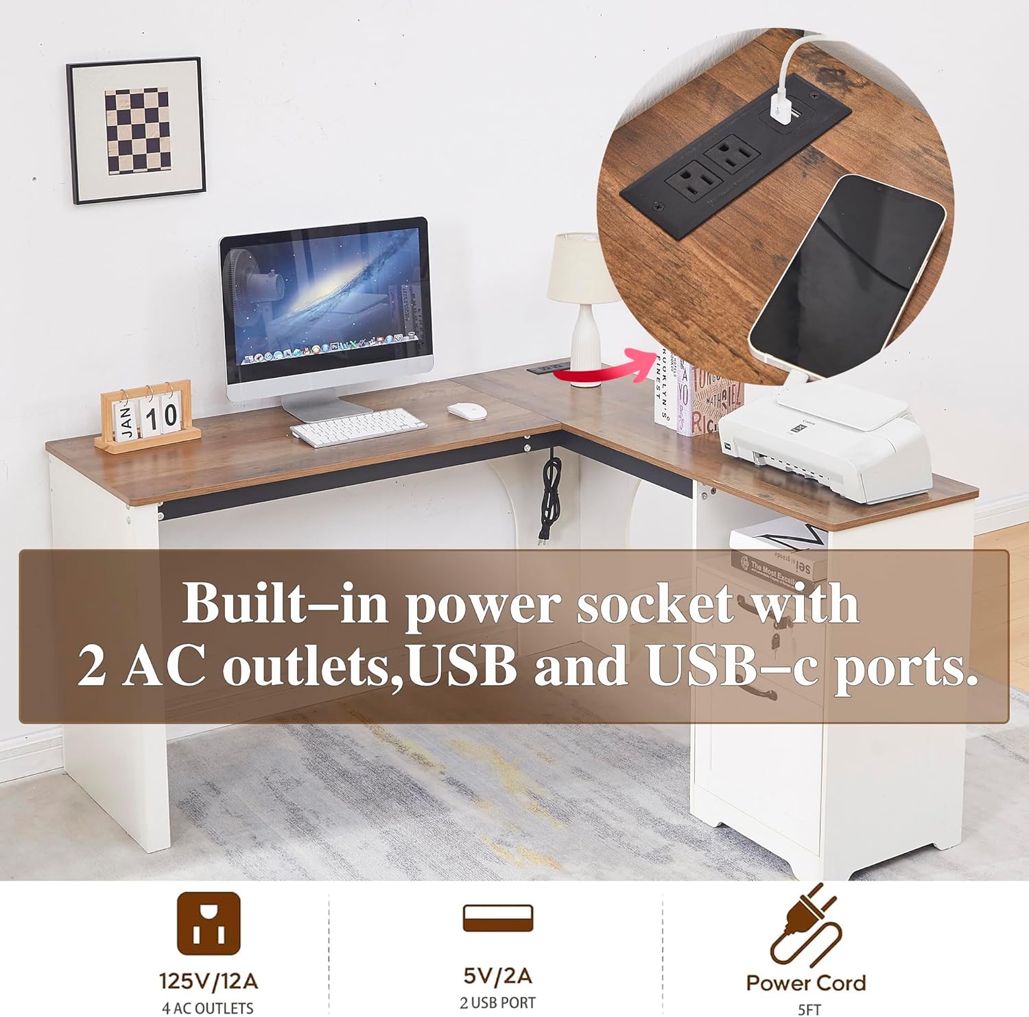 55" Farmhouse L-Shaped Desk with Lift Top,Movable Monitor Stand,L Shaped Standing Office Desk with Lockable Drawer & Adjustable File Drawer,Lift Top Computer Desk with Power Outlets