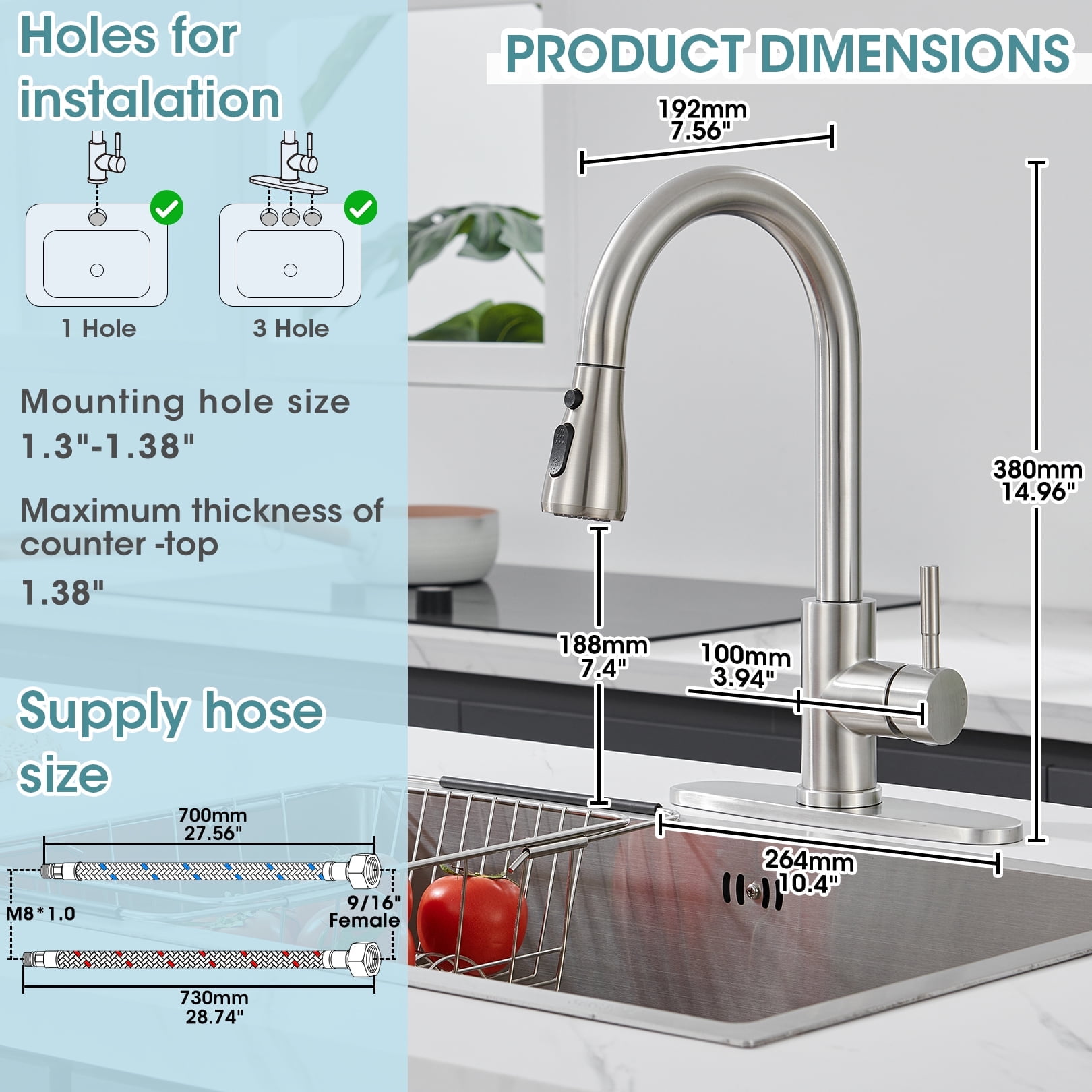 Wowkk Sanitary Ware Kitchen Sink Faucet with Pull Down Sprayer, Single Handle SUS304 Stainless Steel Kitchen Faucets with Deck Plate, Brushed Nickel