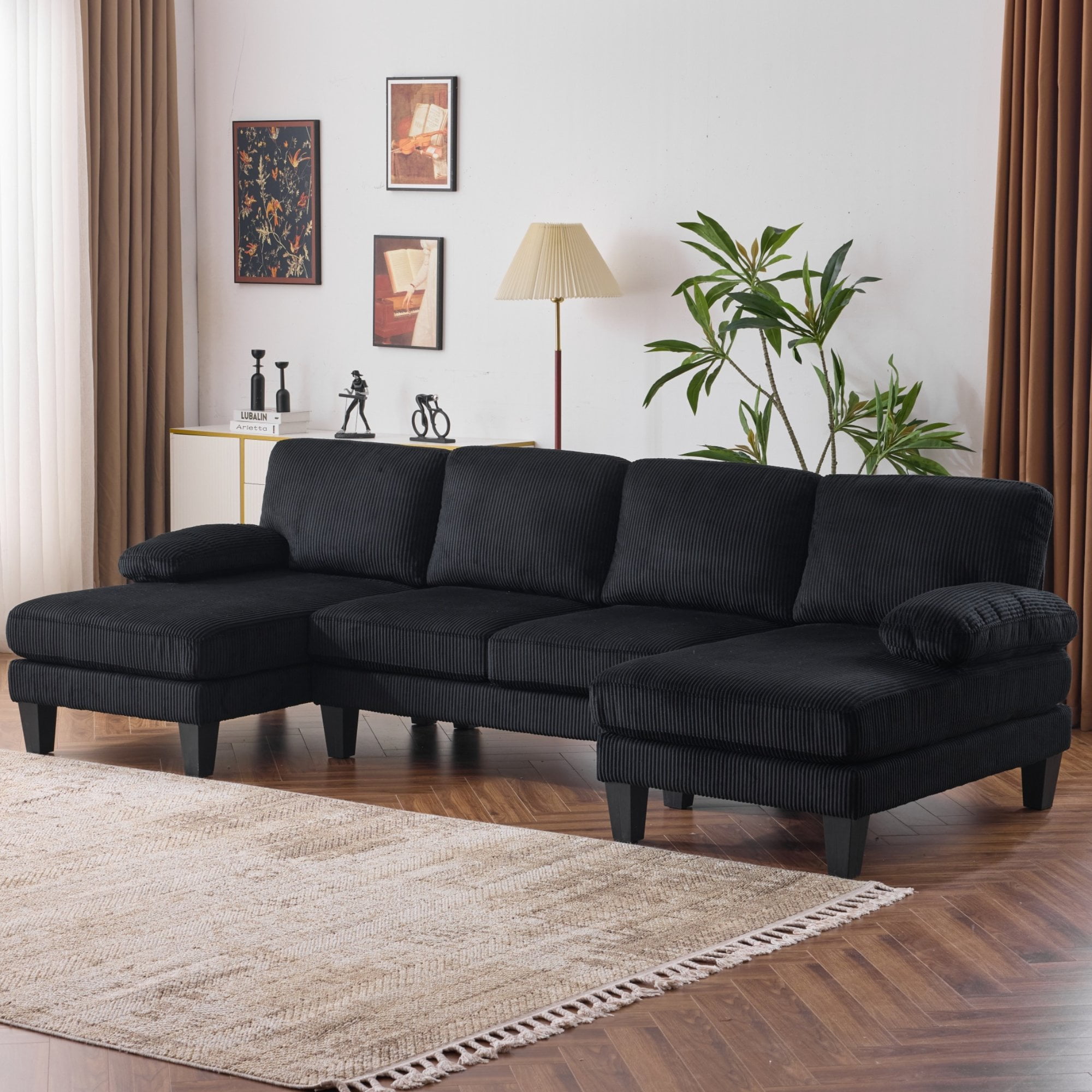 Ktaxon U-Shaped Sectional Sofa, 111"  Corduroy Couch, 4 Seat Lounge Sleeper with Double Chaise for Living Room Black