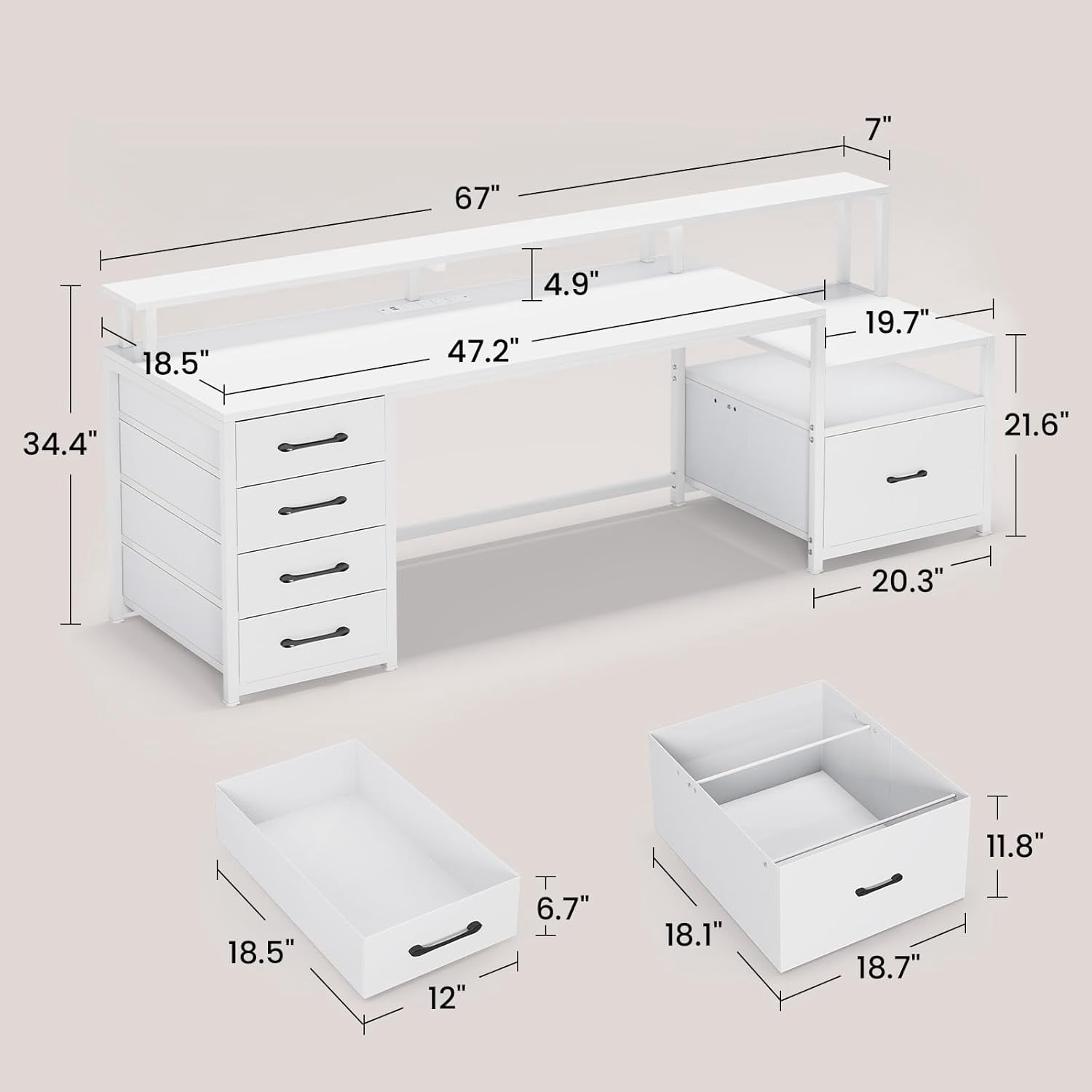 SEDETA White Computer Desk with 5 Drawer & Power Outlet & Monitor Shelf, Home Office Desk with File Drawer, Storage Shelves and Printer Cabinet, Gaming Desk with Led Lights