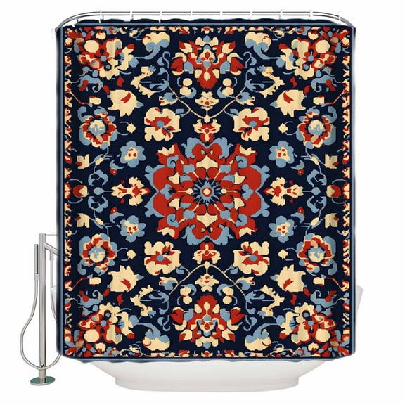 Extra Long Shower Curtain 72x96 Inch, Red Blue Geometric Shower Curtain Waterproof Bathroom Decor Ethnic Vintage Southwest Floral Fabric Bath Curtain Set Accessories with Hooks