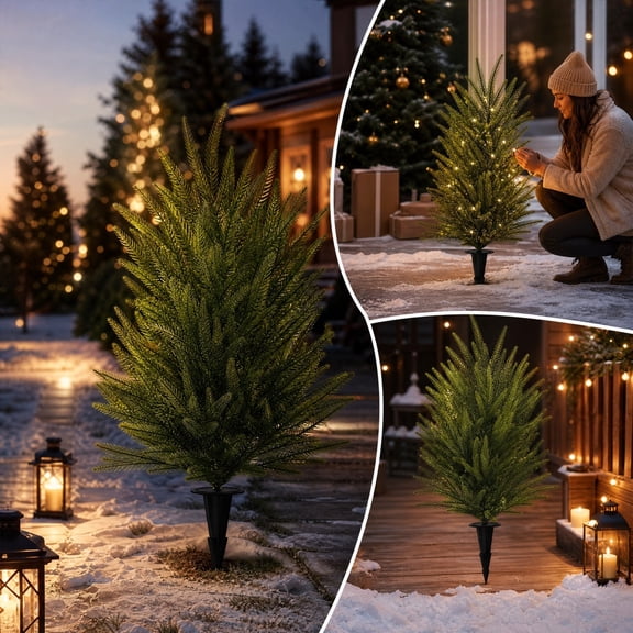 Christmas Decoration 27.56" Artificial Tree Faux Evergreen Branches Plastic Greenery Potted Plant Fillers for Outdoor Garden Patio Porch Gravestone Decoration