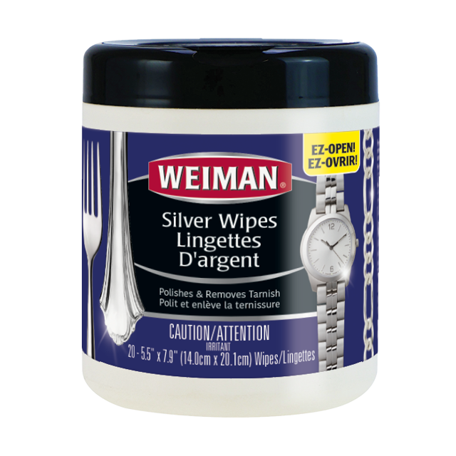 Weiman Silver Cleaner Wipes container with 20 wipes for polishing and removing tarnish from silver items