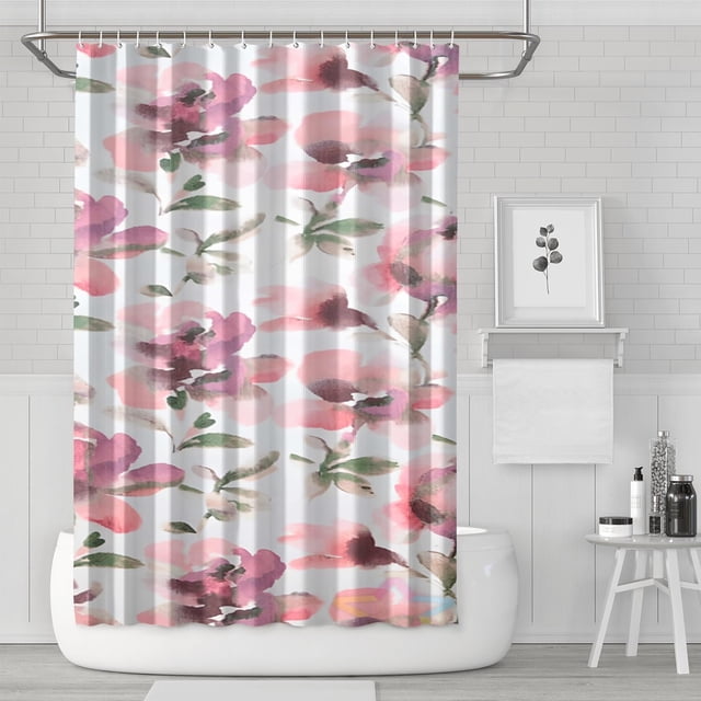 Ensemble de Rideaux de Douche avec Fermeture à Pression, Fleurs Rouges et Grises (5) Rideaux de Douche Réutilisables, Motif Polyester, 72x72 Pouces