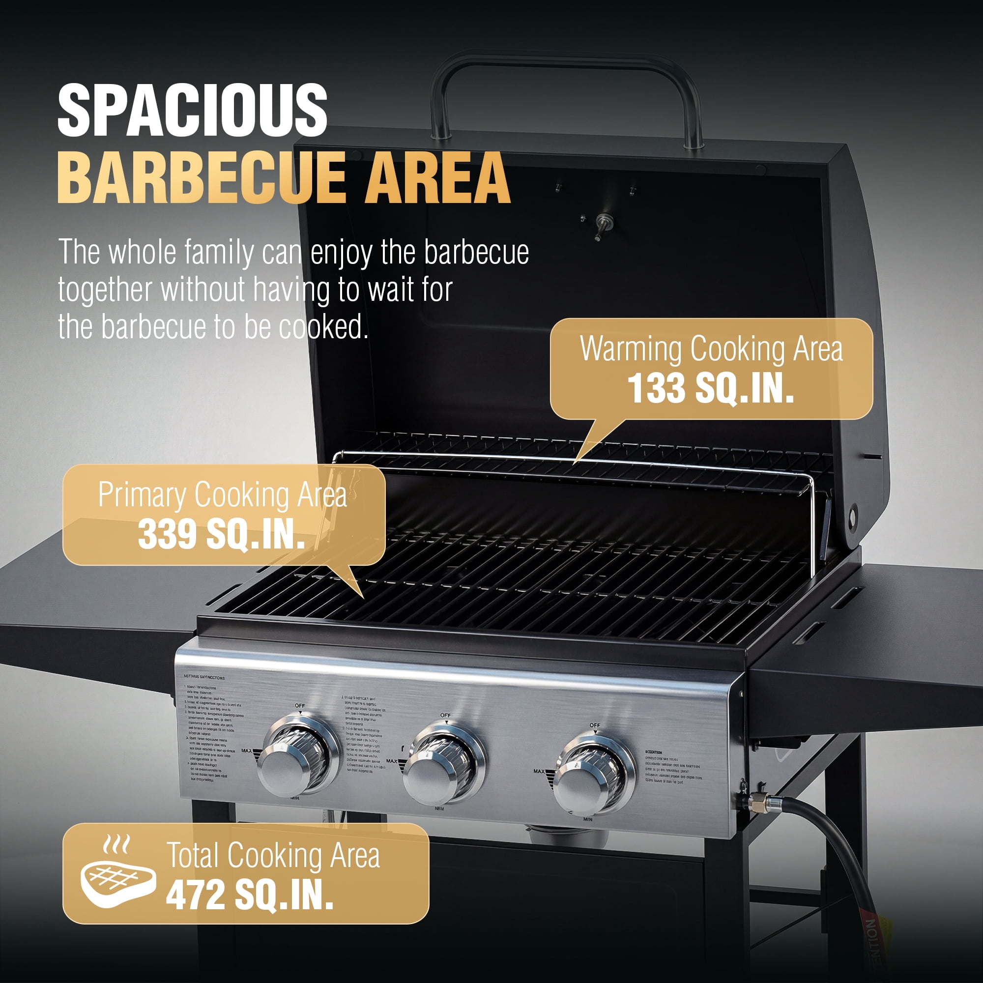 Master Cook 3-Burner Propane Gas Grill, 472 Sq In Cooking Area, 30,000 BTU Outdoor BBQ Grill for Patio, Backyard