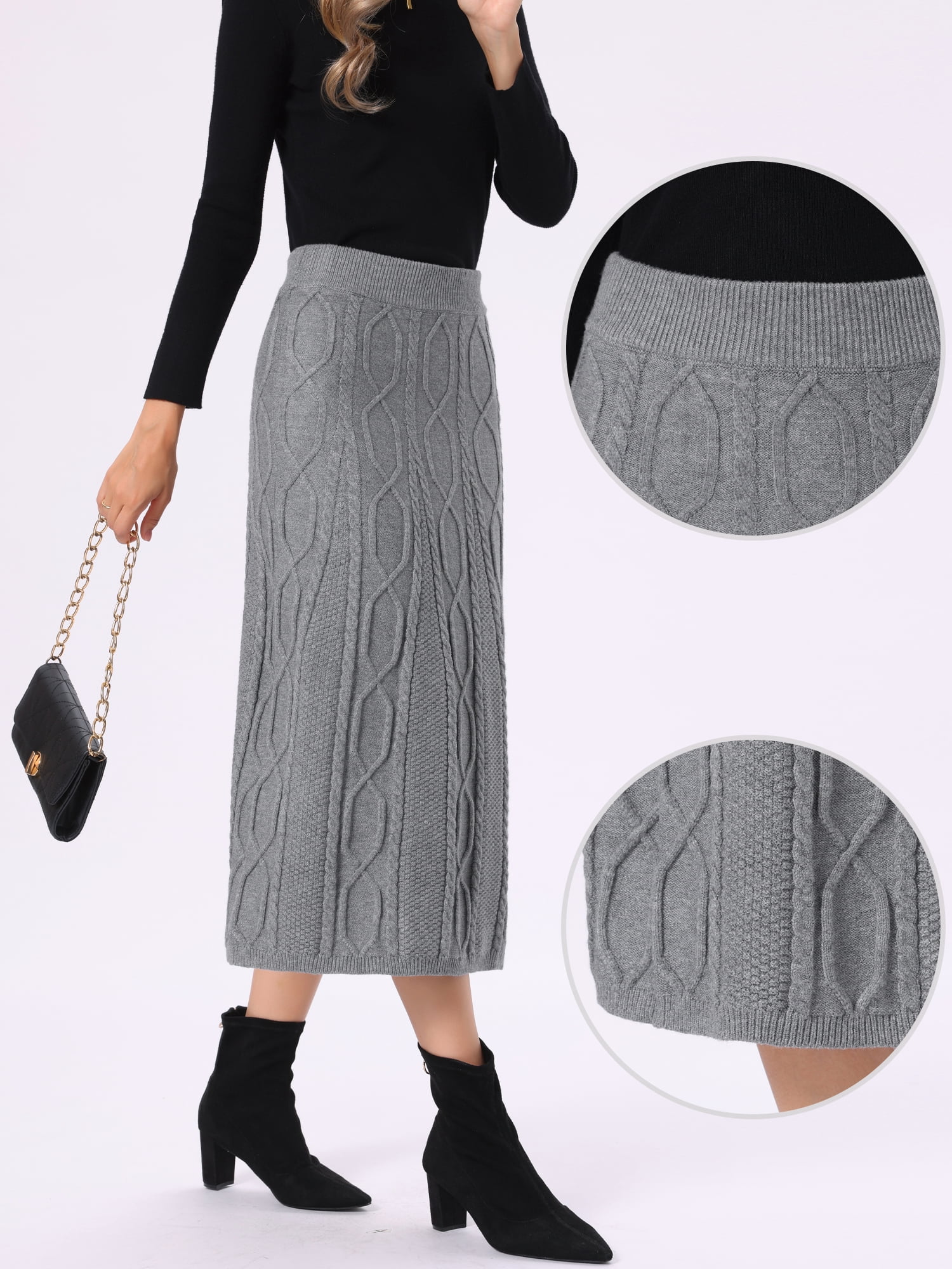 DARING DIVA Women's Cable Knit Sweater Skirt A-Line Ribbed Knit Midi Skirt S Gray