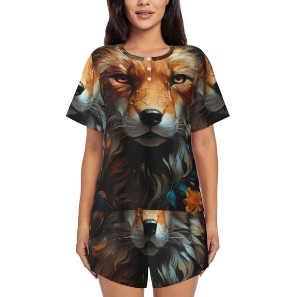 Balery Floral Fox Conjunto de Pijama para Mujer con Estampado, Dos Piezas de Manga Corta y Shorts, Ropa de Dormir Suave con Cuello Redondo y Bolsillos-Medium