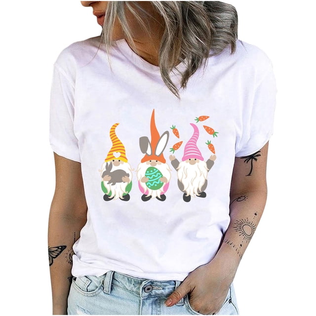 Joyeuses Pâques Chemises pour Femmes Col Rond Mignon Lapin Graphique Tee Tops de Vacances Tunique Décontractée à Manches Courtes