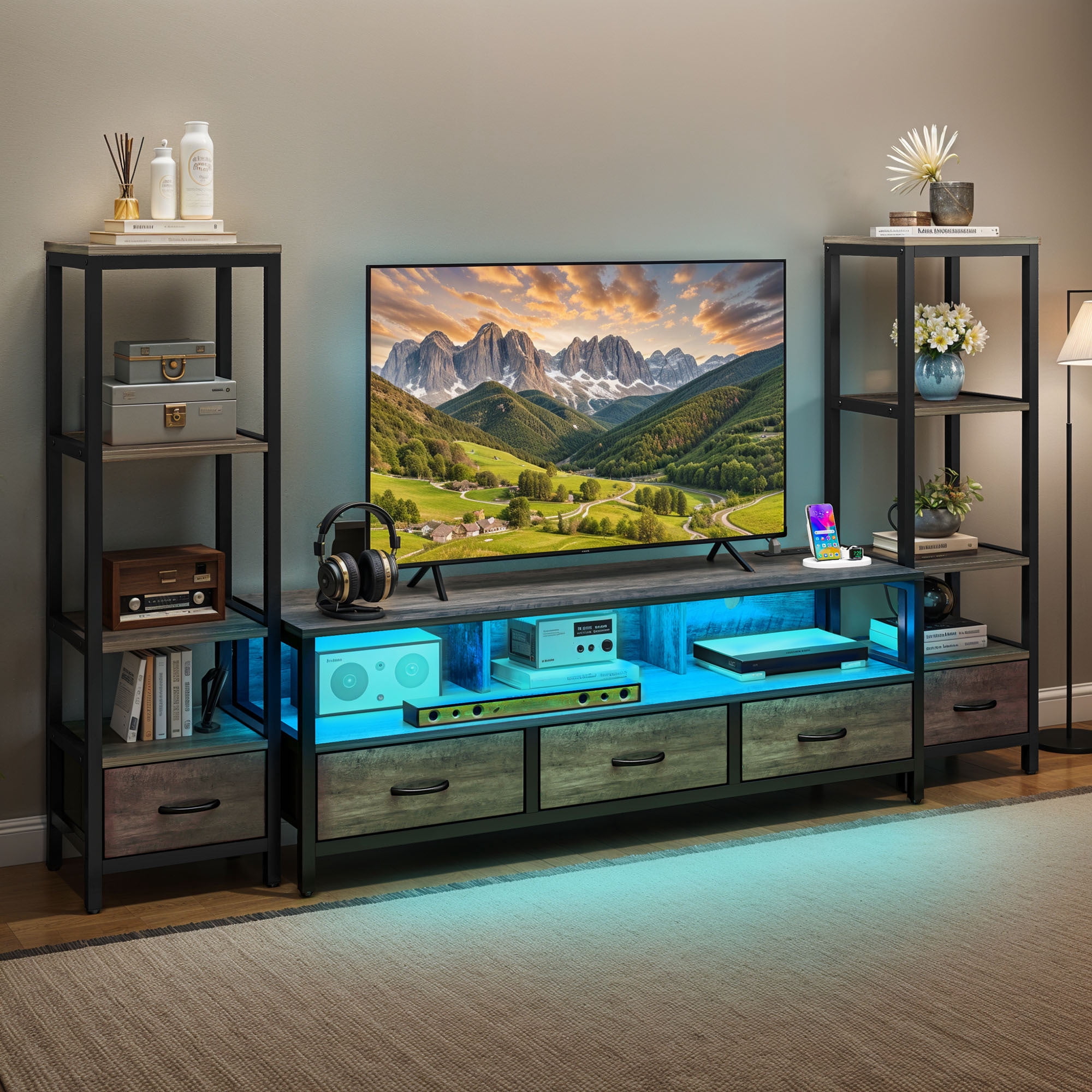 Uforic Modern Rustic Wood Metal Frame TV Stand with Remote Control LED Lights, USB Ports, Multi-Layer Storage Shelves & Fabric Drawers for Home Living Room, Gray