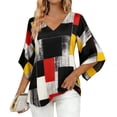 thumbnail image 2 of Mifsaly Womens Business Casual Tops Geometric Patchwork V-Neck 3/4 Sleeve Top Lightweight Flowy Casual Loose Boho Summer Blouses XL, 2 of 6