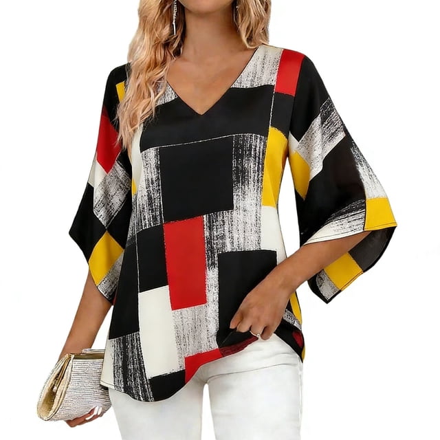 Camisas de Manga 3/4 de Mujer Elegante Blusa Suelta con Cuello en V con Estampado Floral Geométrico para Trajes Informales, de Trabajo O Sociales
