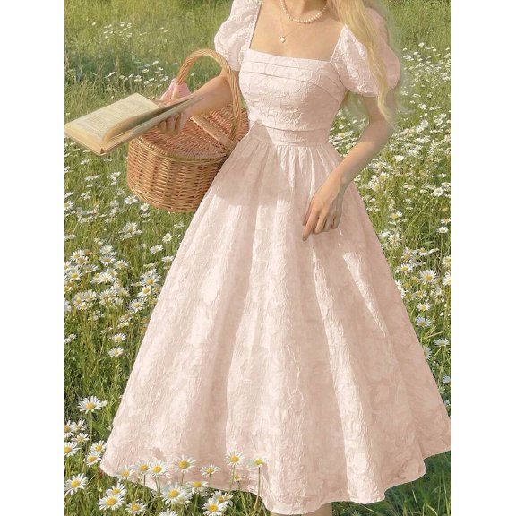 Pink Embossed Floral Midi Dress With Puff Sleeves Square Neck Fitted Waist