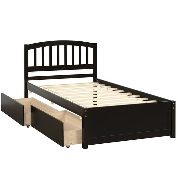 imerelez Twin Platform Storage Bed Wood Bed Frame with Two Drawers and Headboard, Espresso