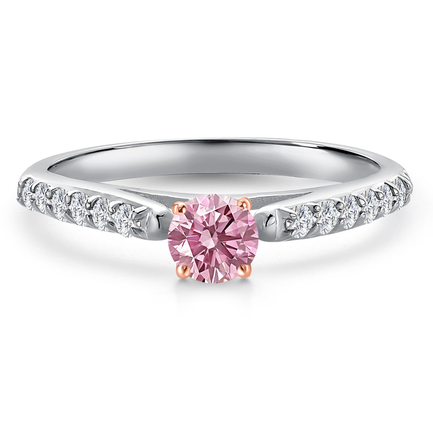 Gem Stone King 10K Two Tone Gold Pink and White Lab Grown Diamond Engagement Ring for Women | 0.43 Cttw | Round 4MM | Gemstone April Birthstone | Size 6