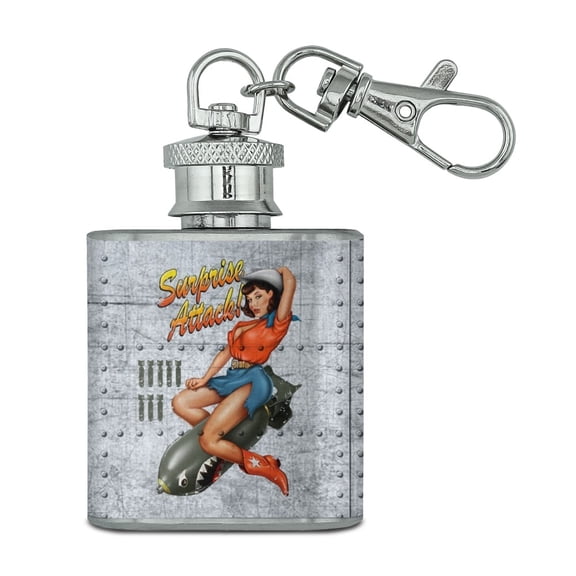 Surprise Attack Pin Up Girl Missile Stainless Steel 1oz Mini Flask Key Chain