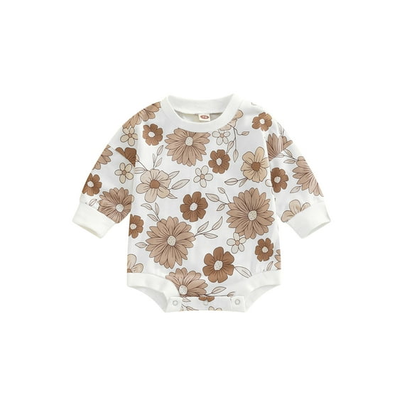 Newborn Baby Long Sleeve Romper, Flower Printed Round Neck Patchwork Playsuit Short Jumpsuit