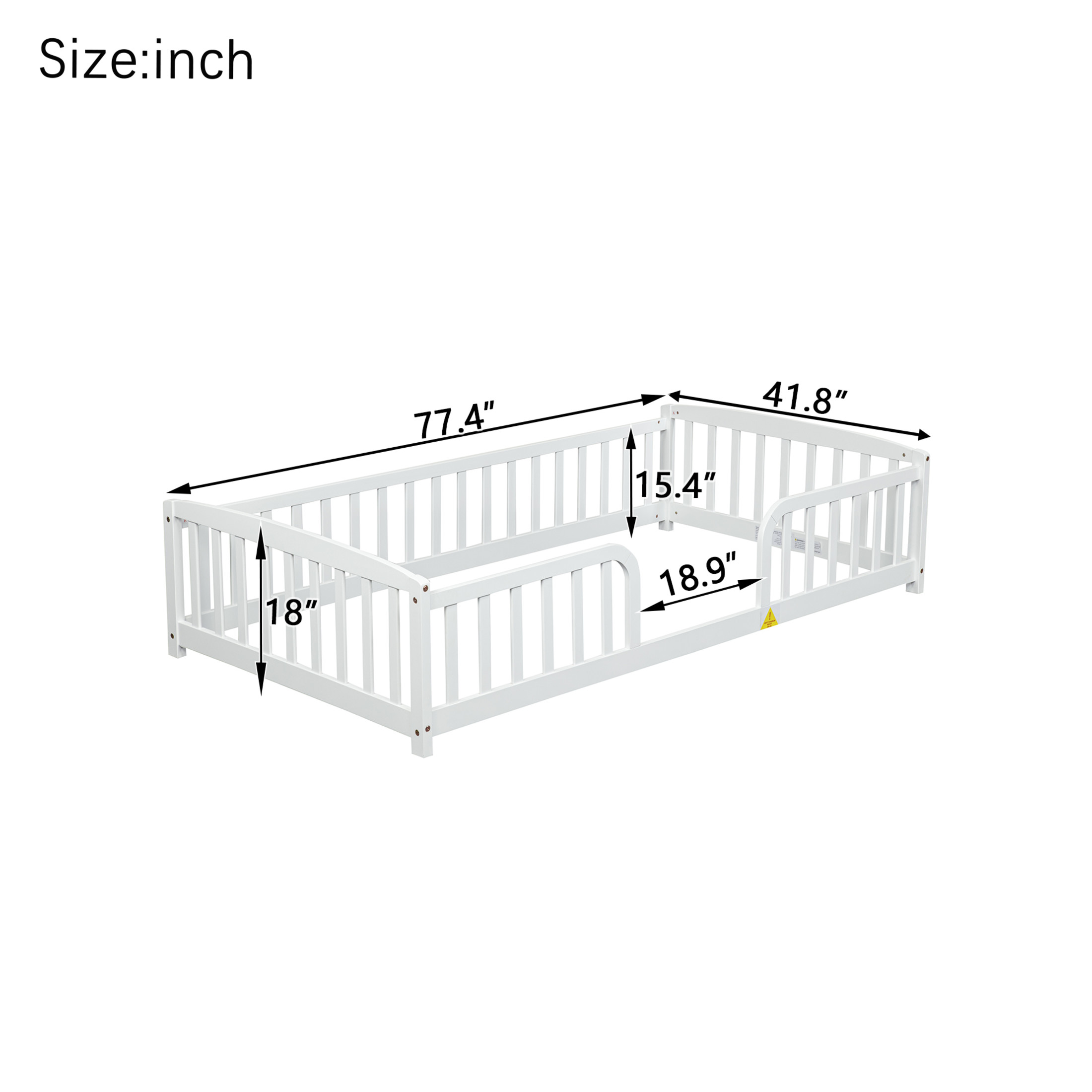 Noble House Norva Twin Size Floor Bed with Central Curved Entrance Guardrails, Pine Wood Bed Frame, White