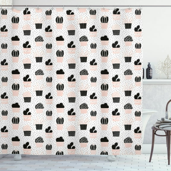 Ambesonne Cactus Shower Curtain, Foliage Silhouettes, 69"Wx75"L, Pale Coral Black White