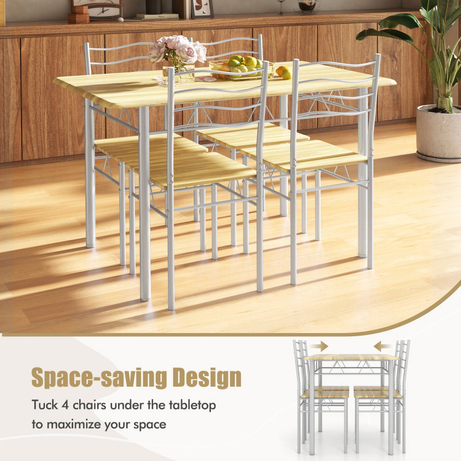 Finihen Dining Set, Dining Table Set, 5 Pieces Wood Metal Dining Table Set with 4 Chairs-Walnut, for Home, Restaurant, Walnut Finihen Dining Set, Dining Table Set, 5 Pieces Wood Metal Dining Table Set with 4 Chairs-Walnut, for Home, Restaurant, Walnut
