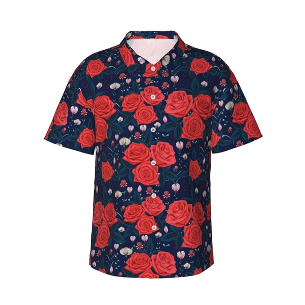 Balery Rose Flower Camisas hawaianas de manga corta para hombre, camisas playeras de corte holgado, camisas de vacaciones con botones,X-Large
