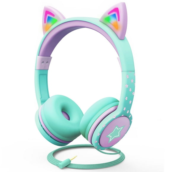 FosPower 3.5mm On Ear Stereo Headset Headphone w/ Light Up LED Cat Ears for Kids Girls (Max 85dB) - Teal/Light Purple