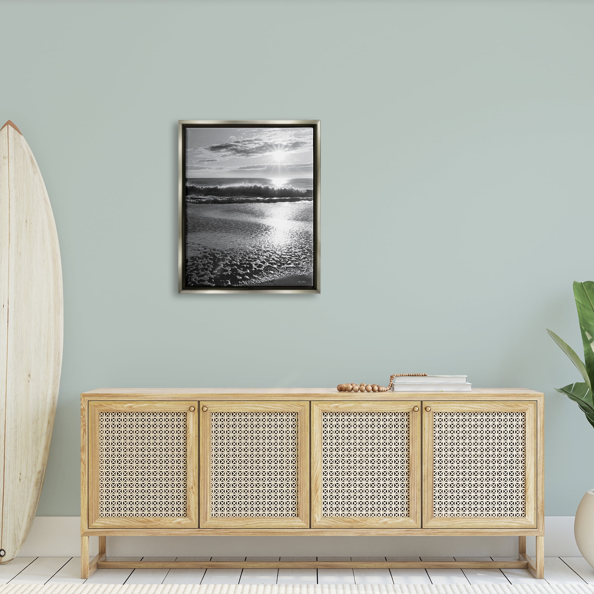 Stupell Shining Sun Beach Foam Reflection Landscape Photography Gray Floater Framed Art Print Wall Art